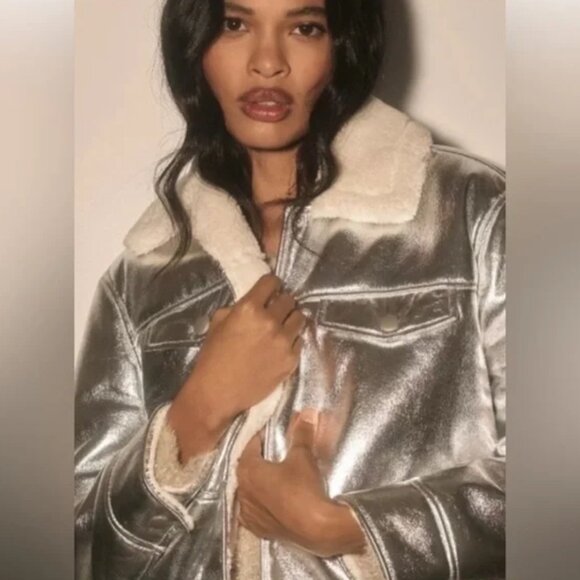 NWT 7 For All Mankind Silver Faux Shearling Coat Jacket Size S - Picture 3 of 12